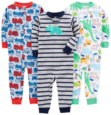 Simple Joys By Carter'S Baby Boys' 3-Pack Snug Fit Footless Cotton Pajamas, Blue Firetruck/Grey Stripe/White Dinosaur, 3T