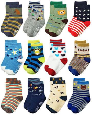 RATIVE Non Skid Anti Slip Crew Socks With Grips for Baby Toddlers Boys (1-3T, 12-pairs/RB-71518)