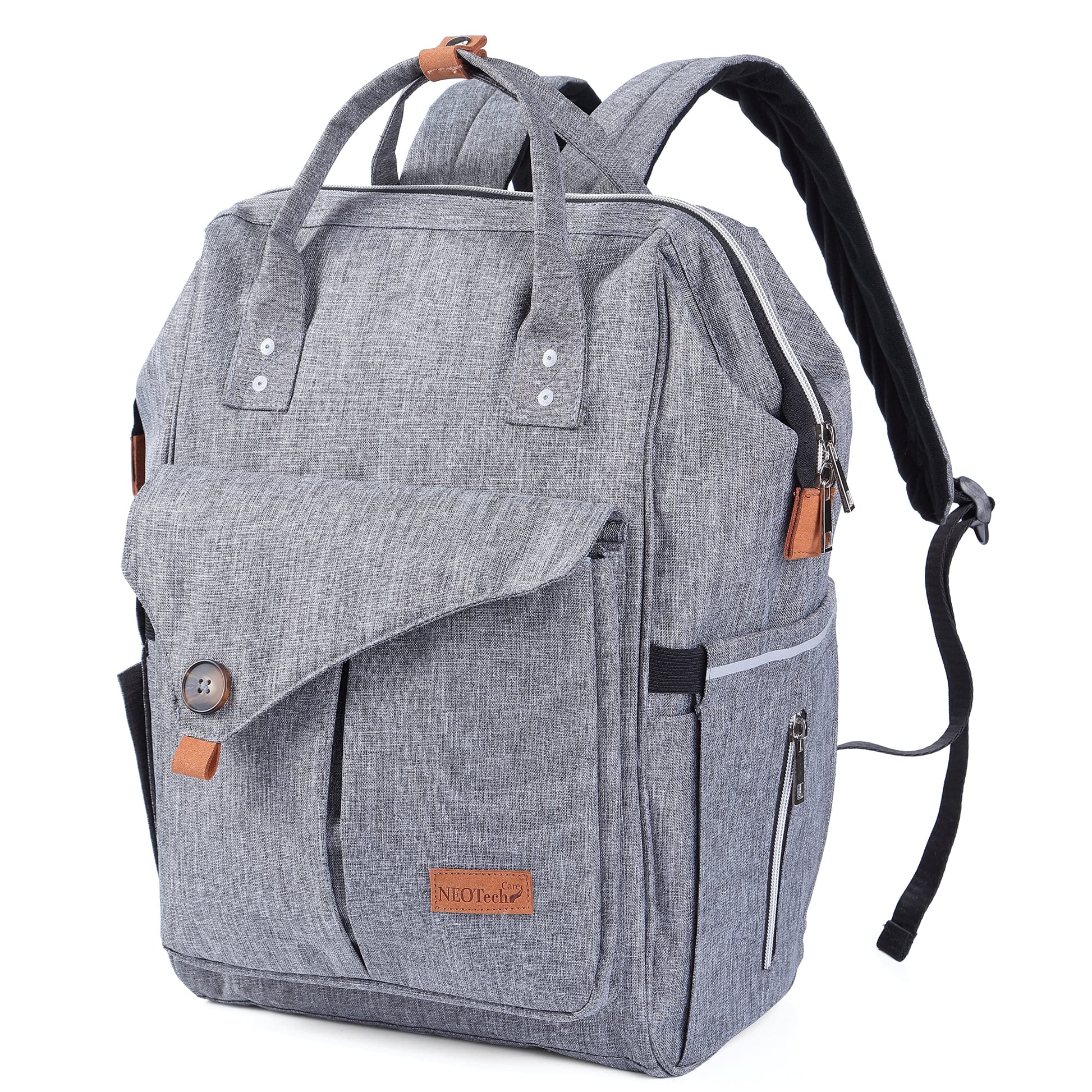 NeoTech Care Diaper Bag Backpack for Baby Girl/Boy, Wide Opening, Multifunction Organizing Pockets (Gray)