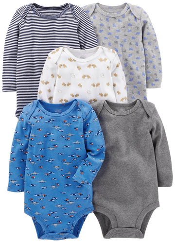 Simple Joys By Carter'S Baby Boys' 5-Pack Long-Sleeve Bodysuit, Blue/Grey/White, 6-9 Months