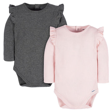 Gerber Baby Girl'S 2-Pack Long Ruffle Sleeve Onesies, Confetti, 6-9 Months