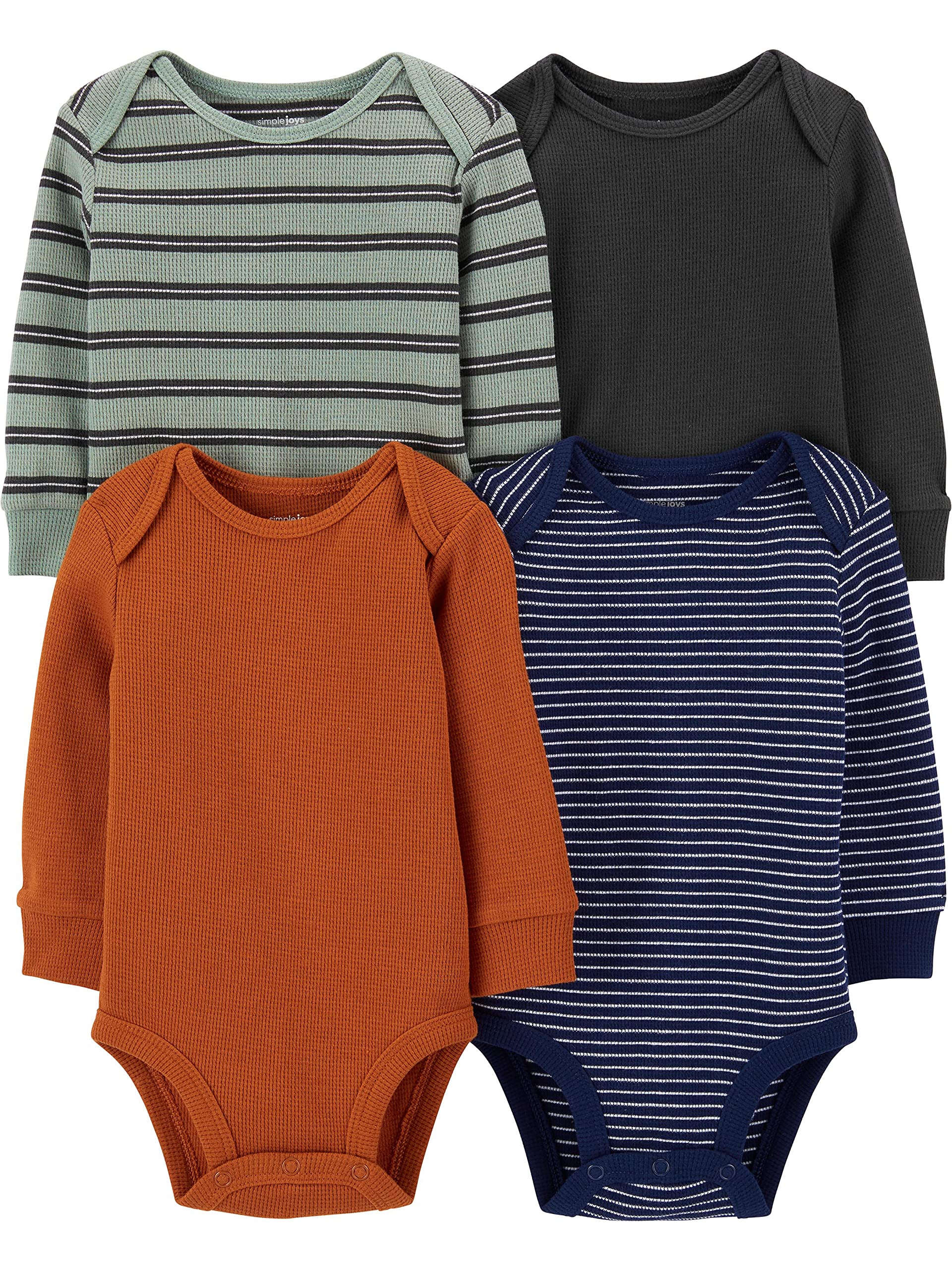 Simple Joys By Carter'S Unisex Babies' Long-Sleeve Thermal Bodysuits, Pack Of 4, Black/Green Stripe/Navy/Rust, 0-3 Months