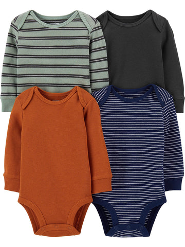 Simple Joys By Carter'S Unisex Babies' Long-Sleeve Thermal Bodysuits, Pack Of 4, Black/Green Stripe/Navy/Rust, 0-3 Months