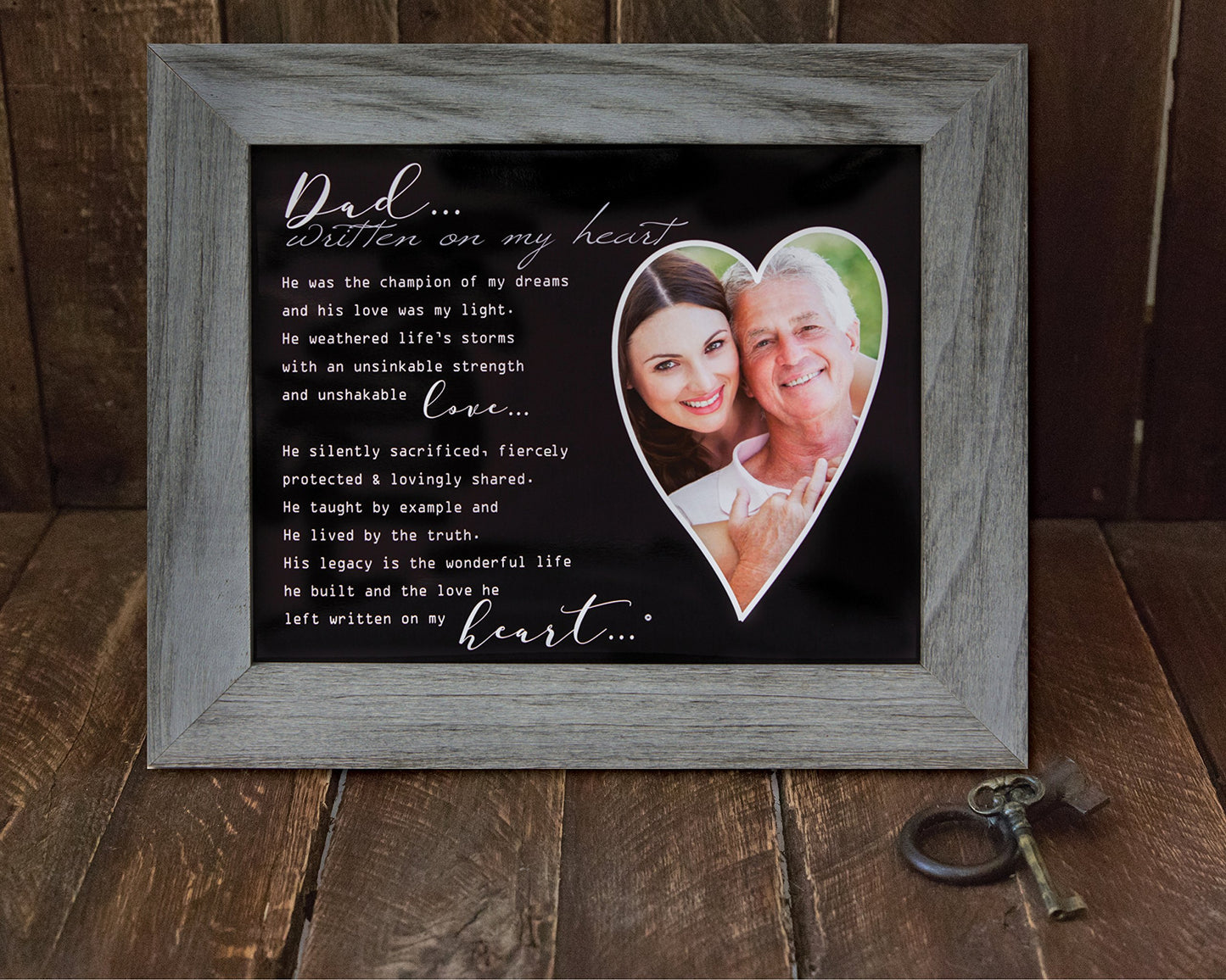 Written On My Heart Distressed Gray Memorial Photo Frame For Dad- Sympathy Gift For Loss - Made In Usa Of Dad/Dad Memorial Gift