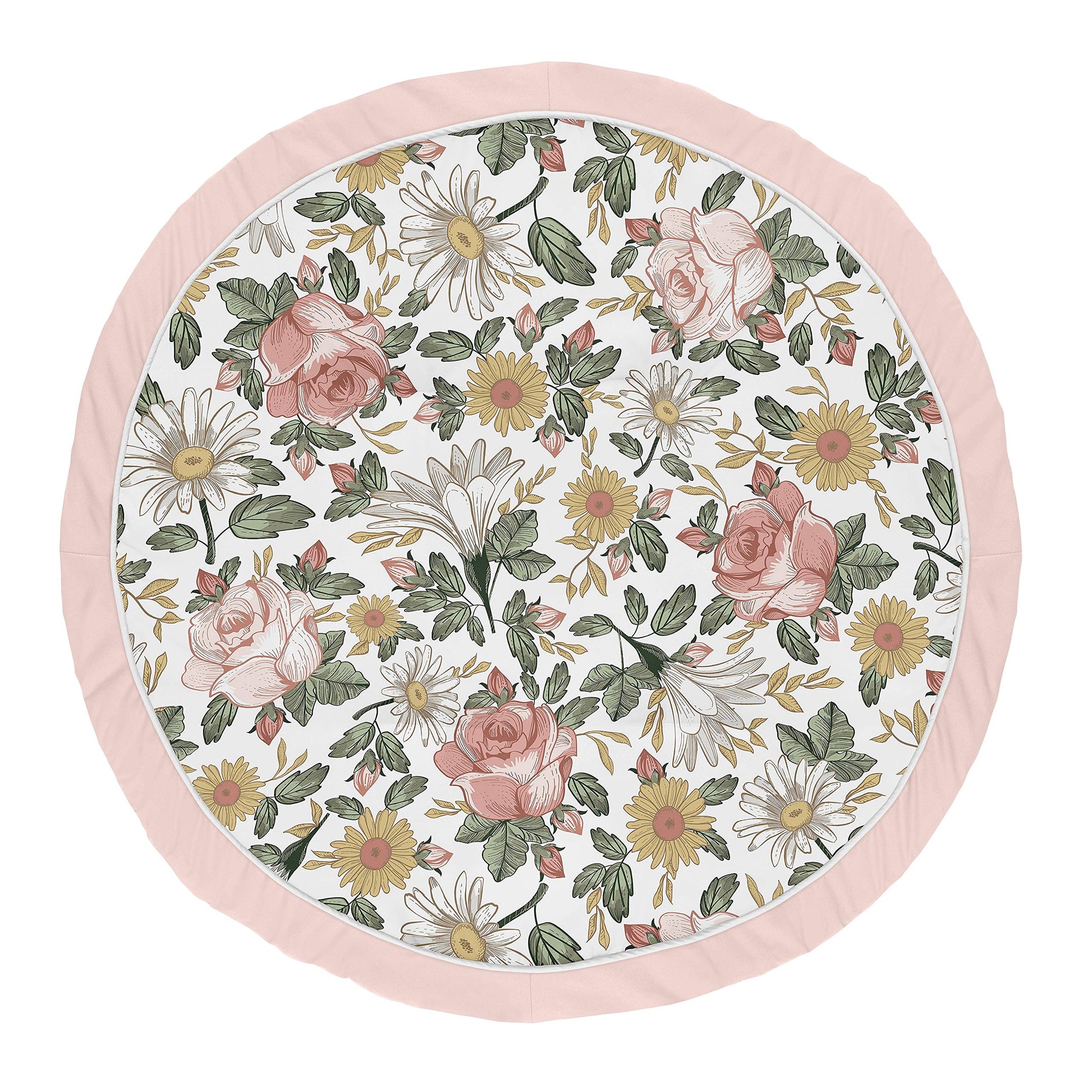 Sweet Jojo Designs Vintage Floral Girl Baby Playmat Tummy Time Infant Play Mat - Blush Pink, Yellow, And Green Boho Shabby Chic