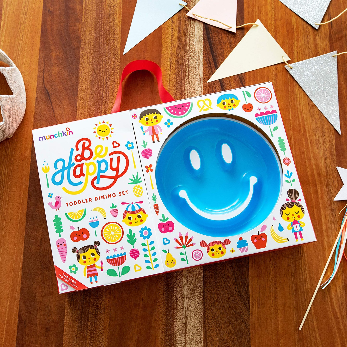 Munchkin Be Happy Toddler Feeding Supplies Gift Set, Includes Happy Face Suction Plate, Straw Cup And Utensil Set, Blue