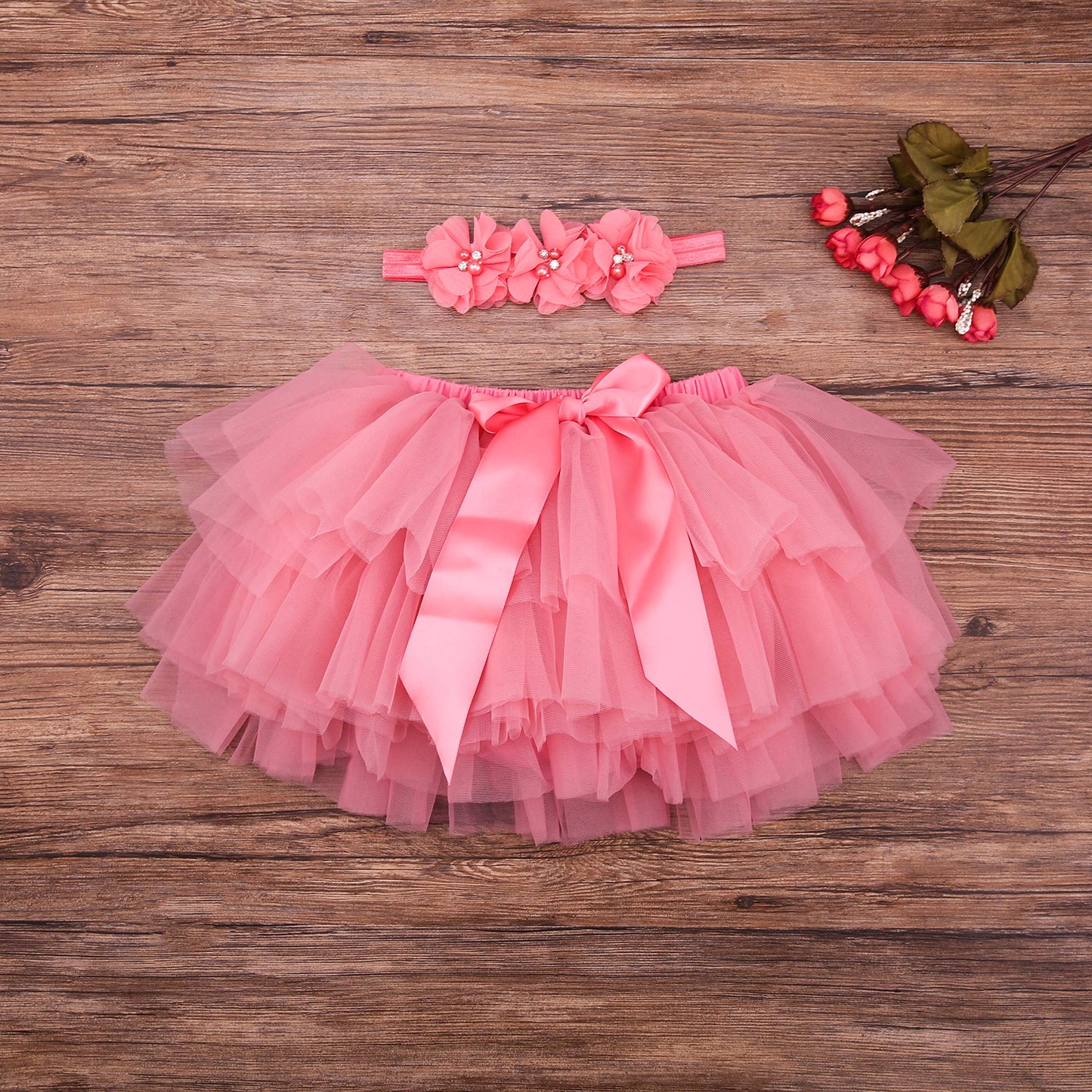 Baby Girls Tutu Skirt Headband Set Toddler Ruffle Tulle Diaper Covers 6-24 Month Coral