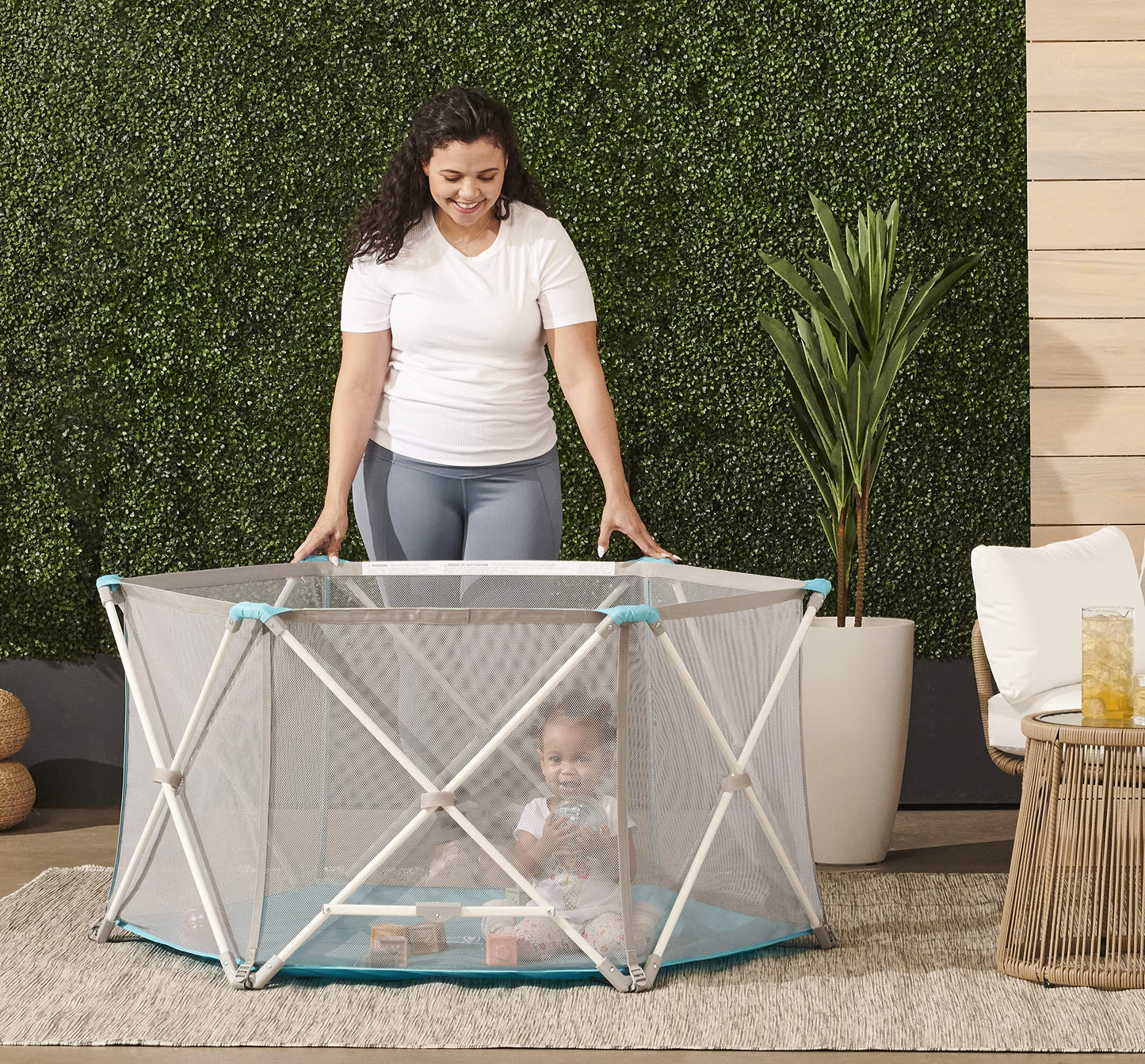 Regalo My Portable Play Yard Indoor And Outdoor, Washable, White/Gray/Teal, 6-Panel