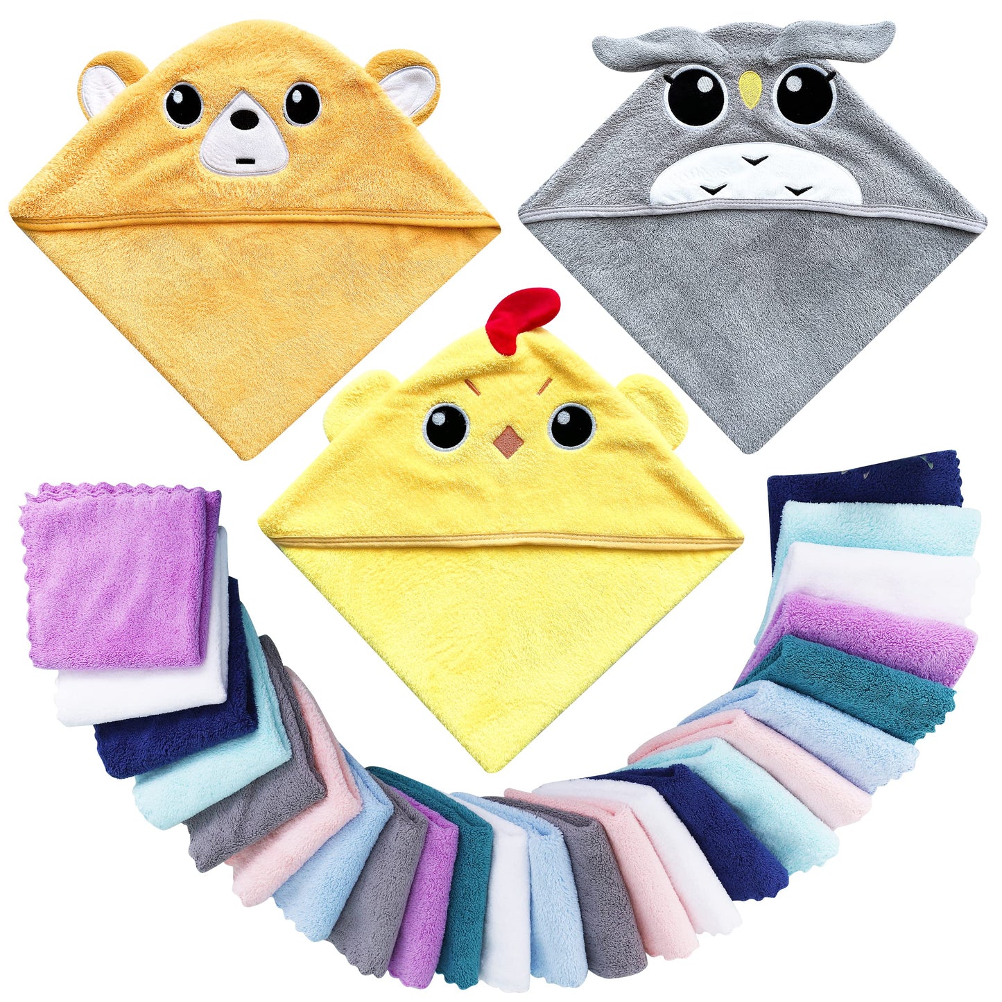 Lovely Care 3 Pack Baby Hooded Bath Towel with 24 Count Washcloth Sets for Newborns Infants & Toddlers, Boys & Girls - Baby Regi