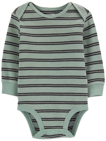 Simple Joys By Carter'S Unisex Babies' Long-Sleeve Thermal Bodysuits, Pack Of 4, Black/Green Stripe/Navy/Rust, 0-3 Months
