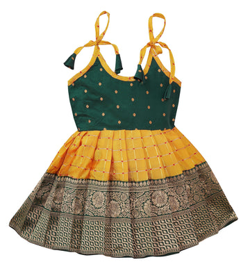 Suzvan Baby Girls Traditional Pattu Pavadai KneeLength, Green & Yellow Frock Dress (12 Months  24 Months)