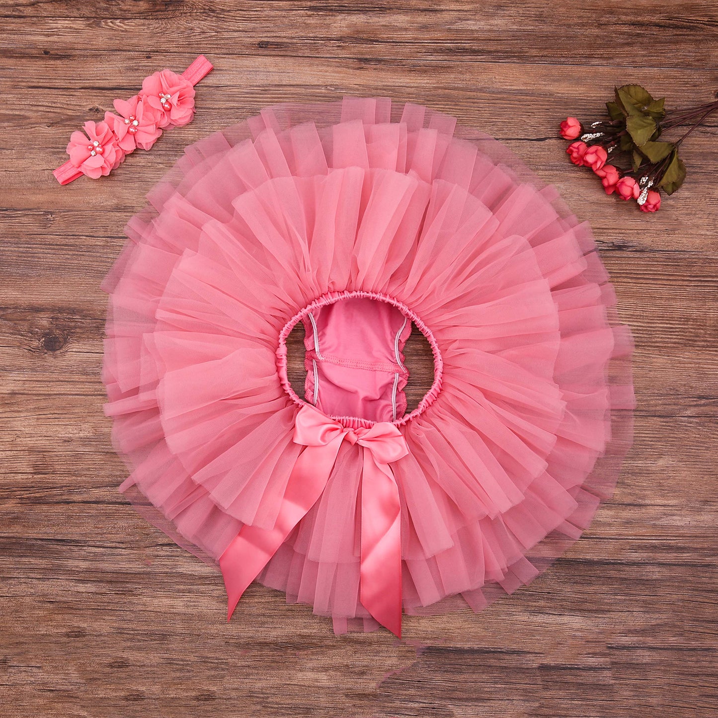 Baby Girls Tutu Skirt Headband Set Toddler Ruffle Tulle Diaper Covers 6-24 Month Coral