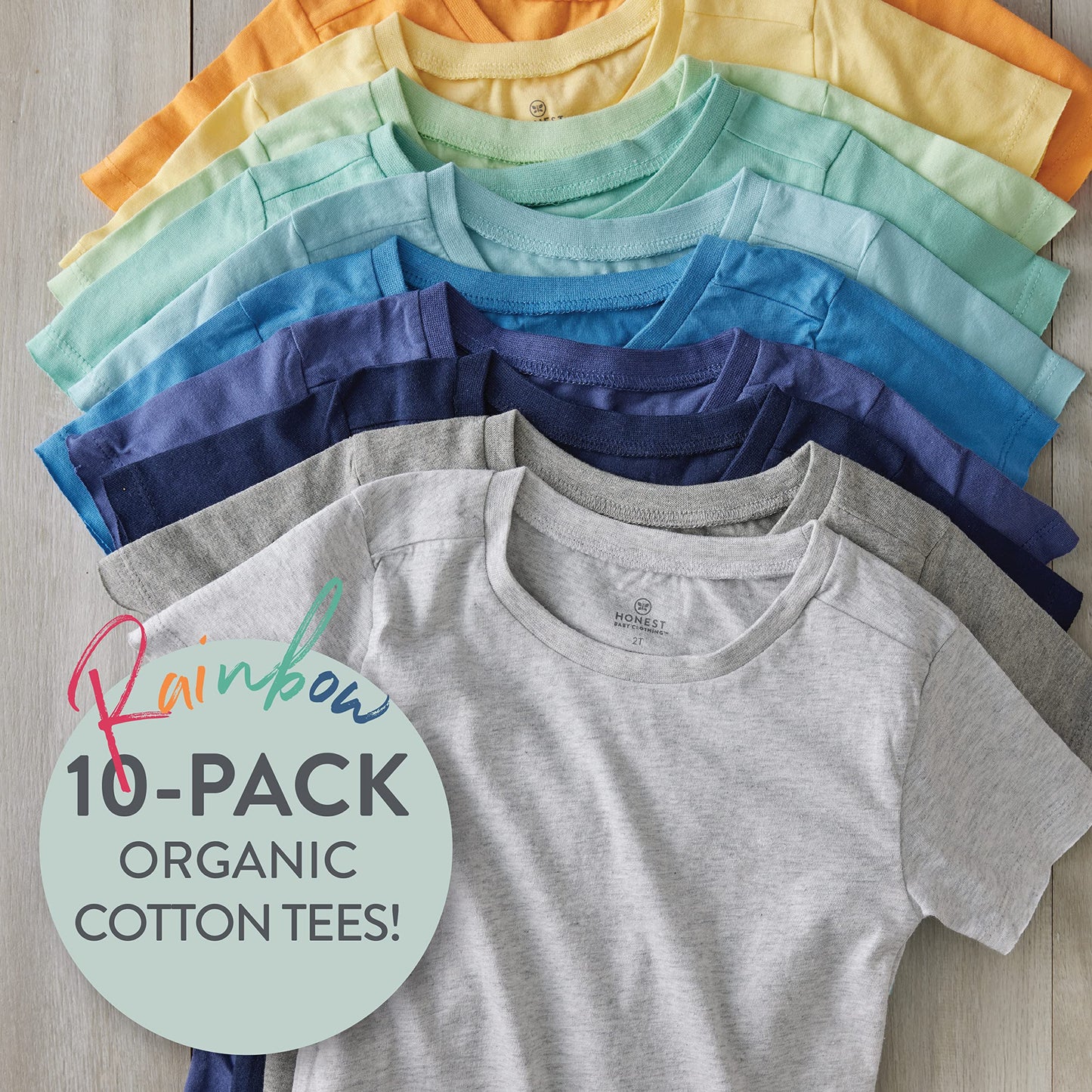 Honestbaby Unisex Baby Organic Cotton Short Sleeve Multi-Packs And Toddler T-Shirt Set, 10-Pack Rainbow Boy, 12 Months Us