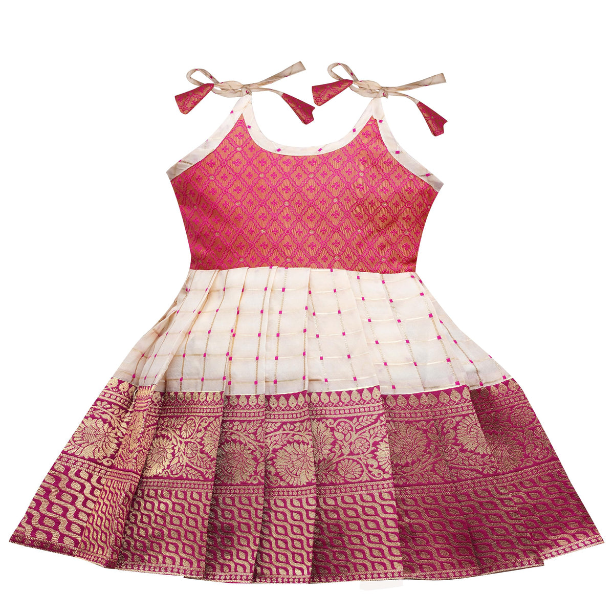 Pw Platypus World Baby GirlS Knee Length Pattu Pavadi Tapeta Silk Readymade Frock Dress (Pink & White_12 Years)