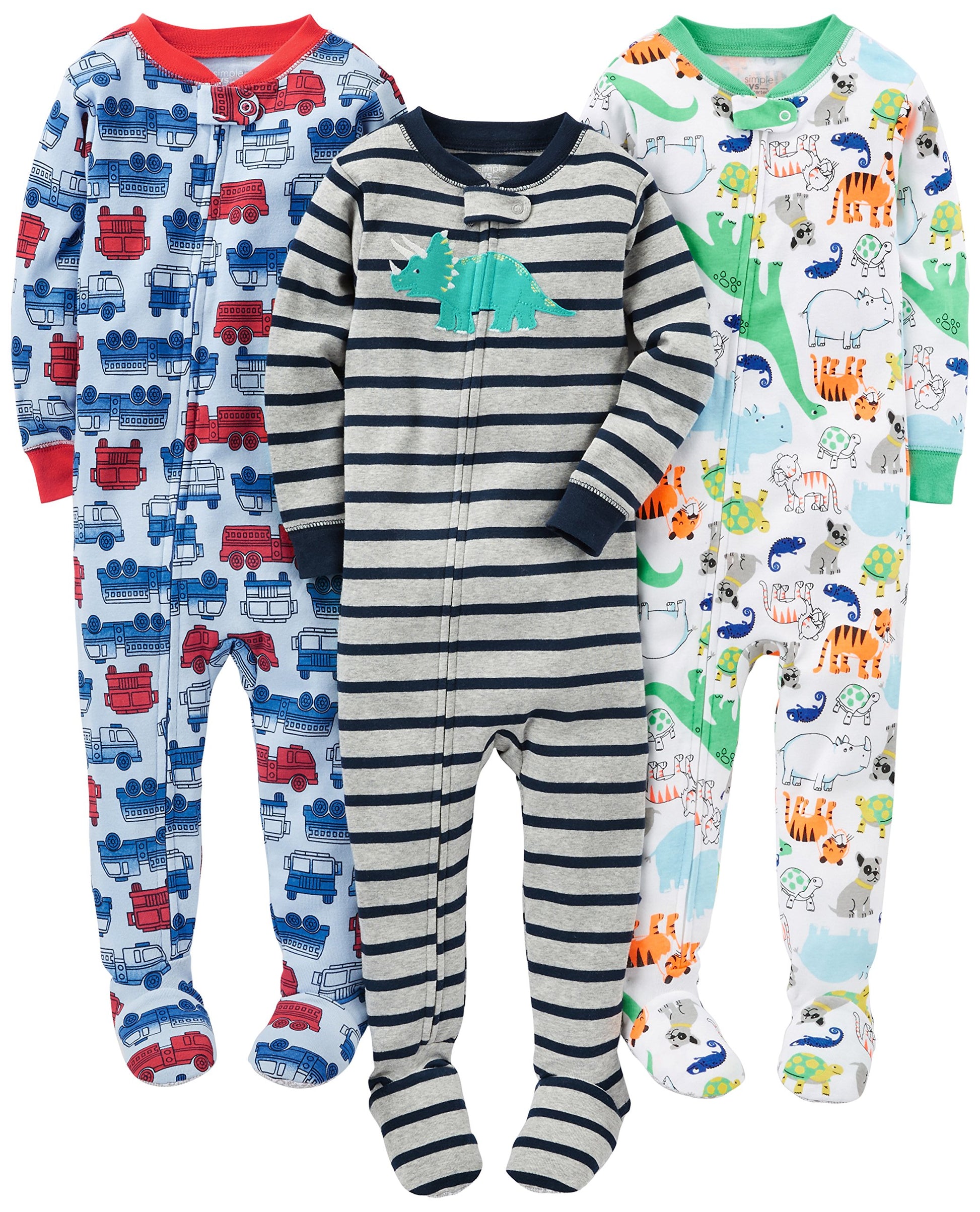 Simple Joys By Carter'S Baby Boys' 3-Pack Snug Fit Footed Cotton Pajamas, Blue Firetruck/Grey Stripe/White Dinosaur, 18 Months