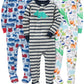 Simple Joys By Carter'S Baby Boys' 3-Pack Snug Fit Footed Cotton Pajamas, Blue Firetruck/Grey Stripe/White Dinosaur, 2T
