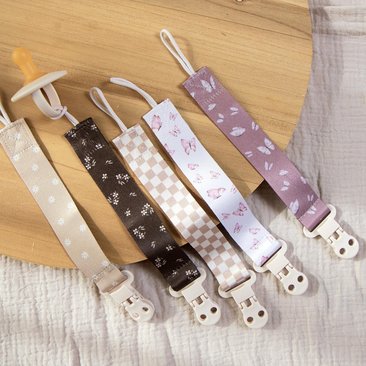 Baby Pacifier Clip Holder - Girl 4 Pack Gift Set - Retro Checker Smiley Flowers Floral Pink Beige Yellow