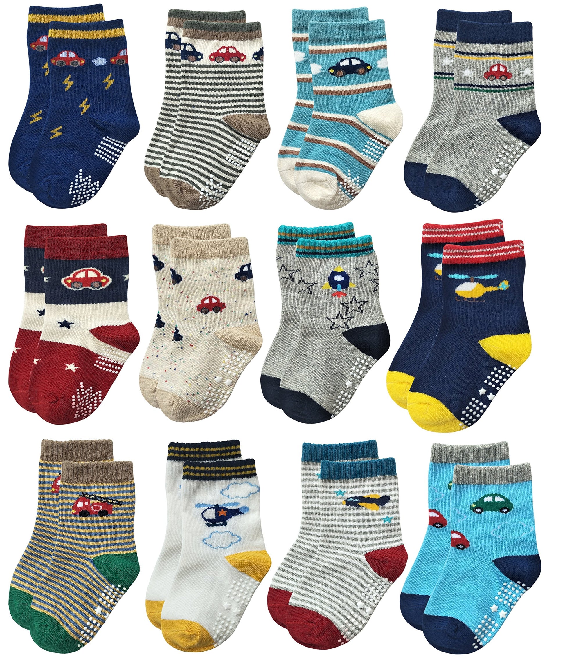 Rative Non Skid Anti Slip Slipper Cotton Crew Dress Socks With Grips For Baby Toddlers Kids Boys (0-6 Months, 12-Pairs/Rb-71112)