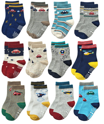 Rative Non Skid Anti Slip Slipper Cotton Crew Dress Socks With Grips For Baby Toddlers Kids Boys (0-6 Months, 12-Pairs/Rb-71112)