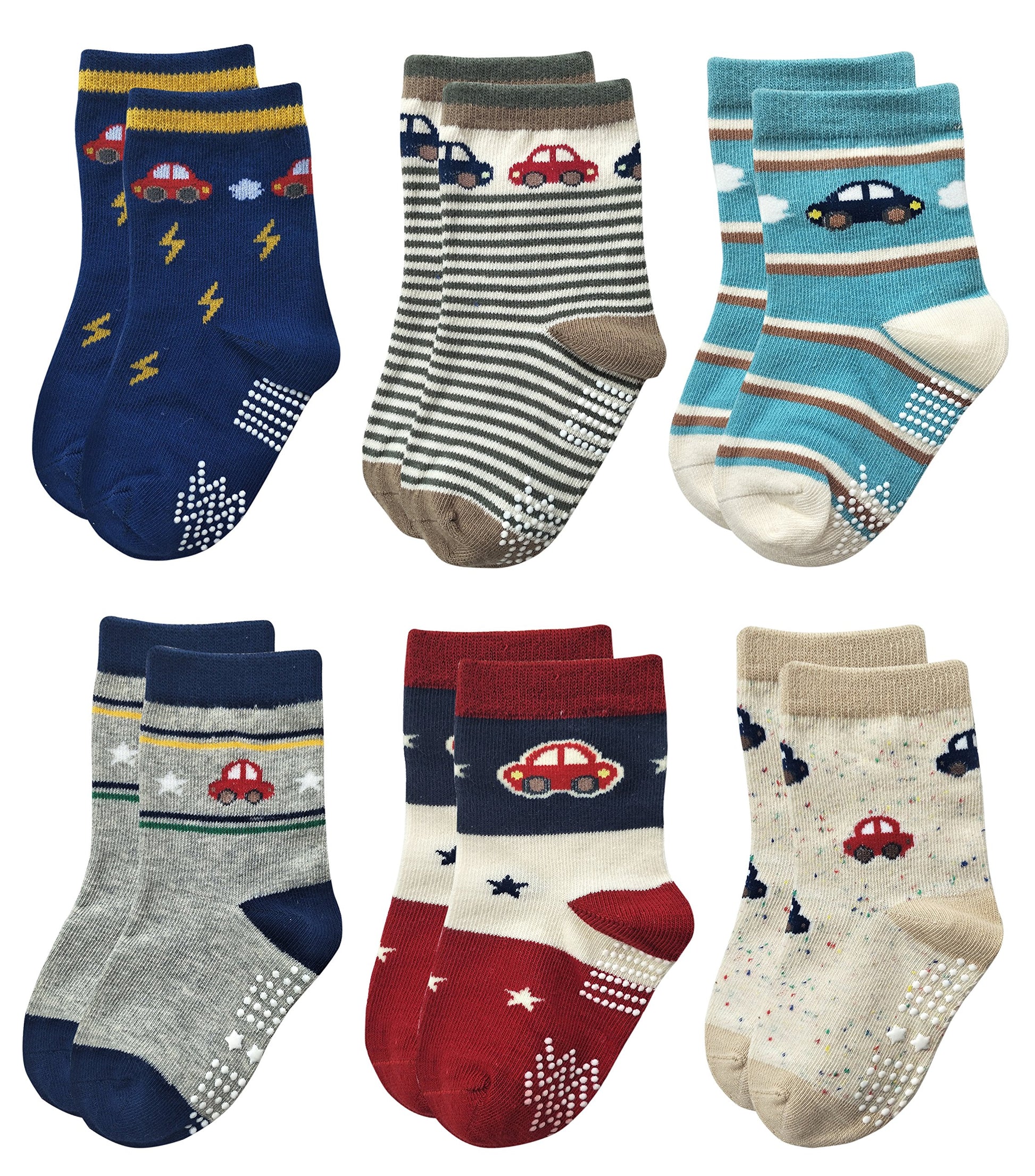 Rative Non Skid Anti Slip Slipper Cotton Crew Socks With Grips For Baby Toddlers Kids Boys (1-3T, 6-Pairs/Rb-712)