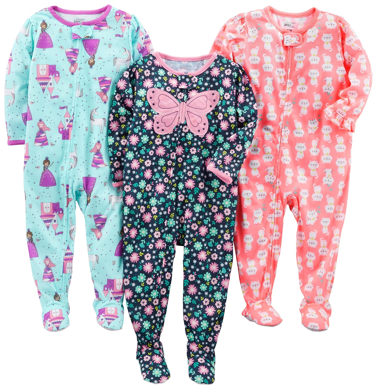 Simple Joys by Carters Baby Girls 3-Pack Loose Fit, Light Weight Polyester Footed Pajamas, Fairy/Butterfly/Kitty, 24 Months