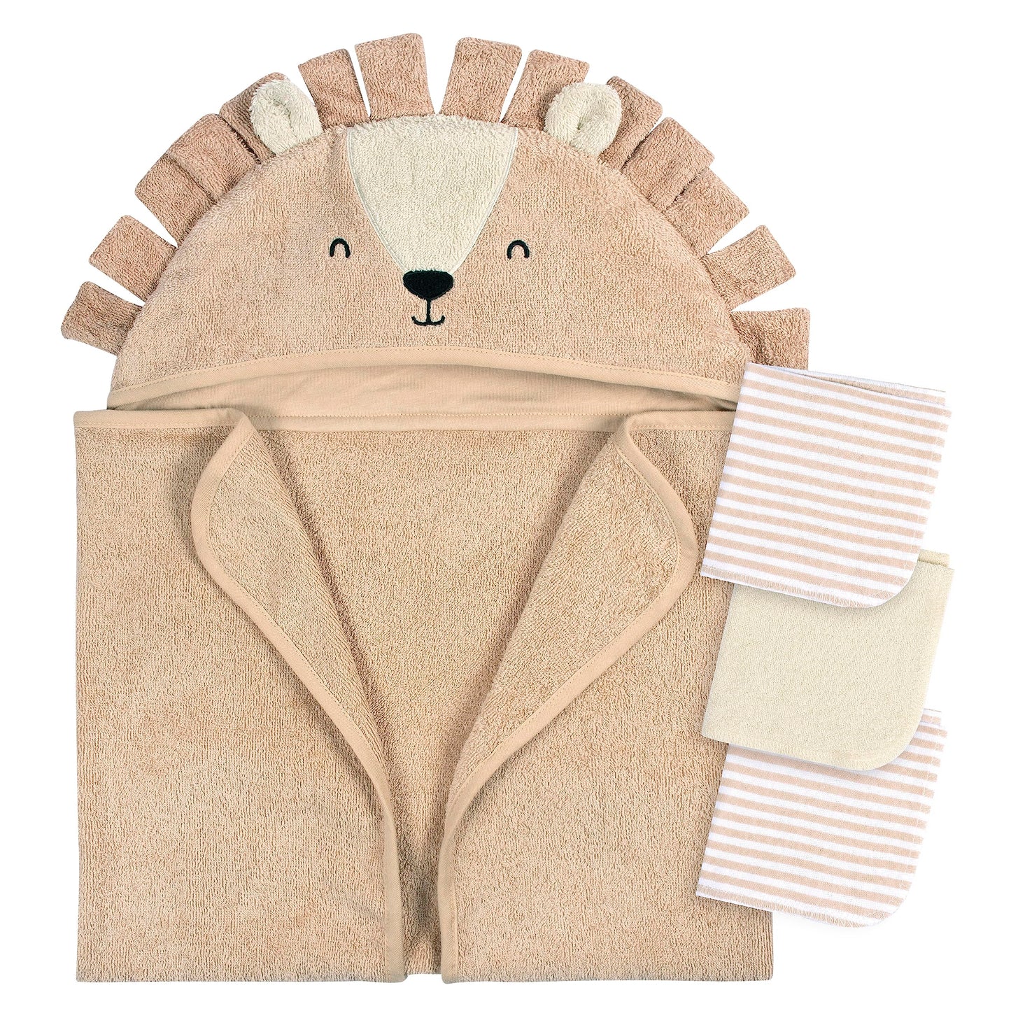 Gerber Baby 4 Piece Animal Character Hooded Towel And Washcloth Set, Brown Lion, One Size