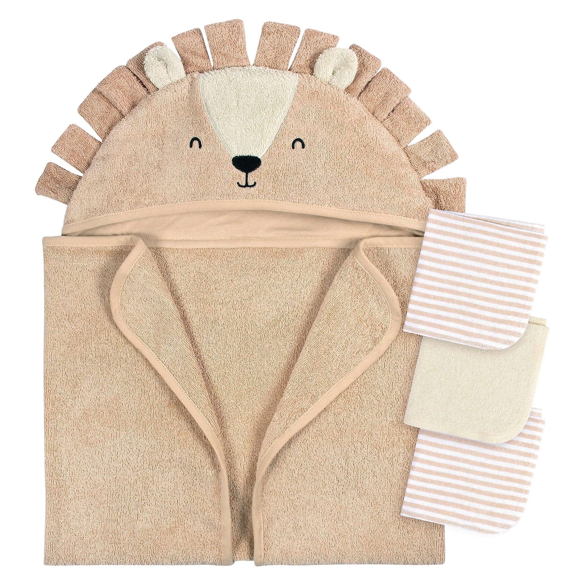 Gerber Baby 4 Piece Animal Character Hooded Towel And Washcloth Set, Brown Lion, One Size