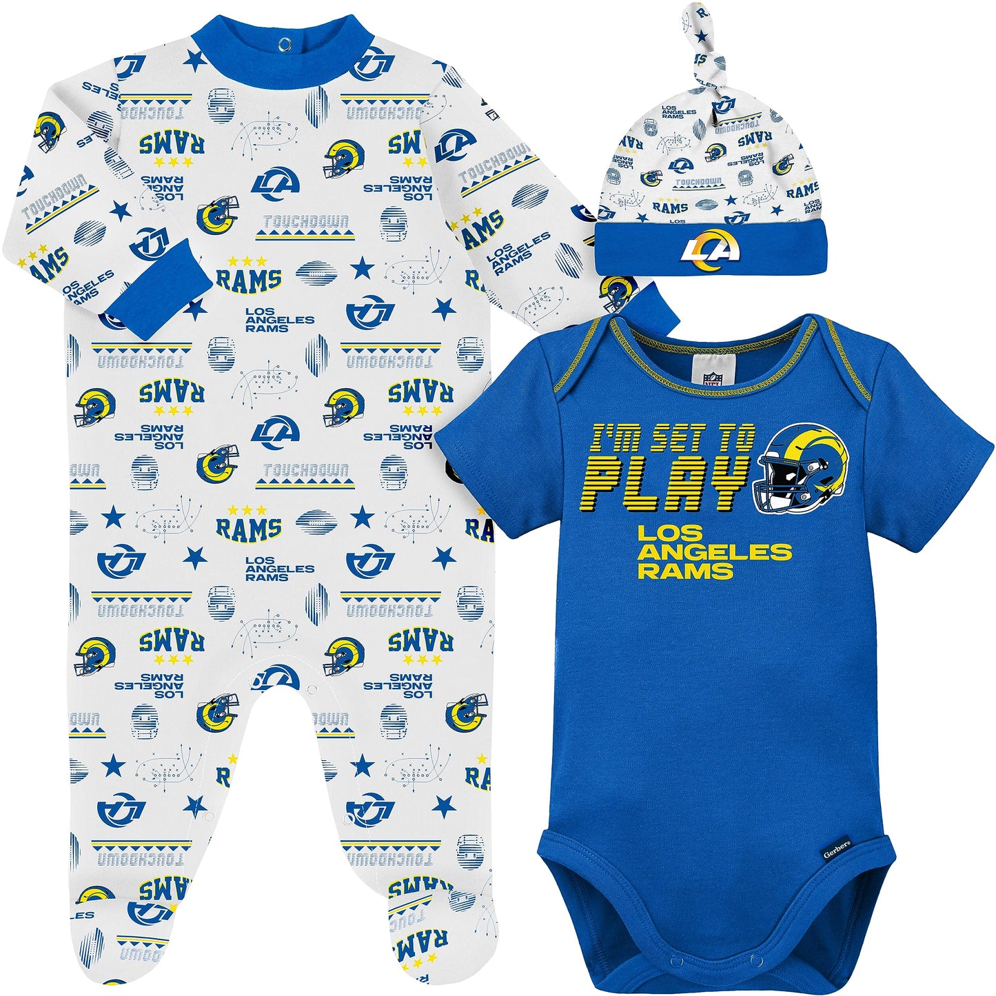 Gerber Nfl Baby Boys' 3-Piece Bodysuit, Sleep 'N Play, & Cap Set, Los Angeles Rams, 6-9 Months