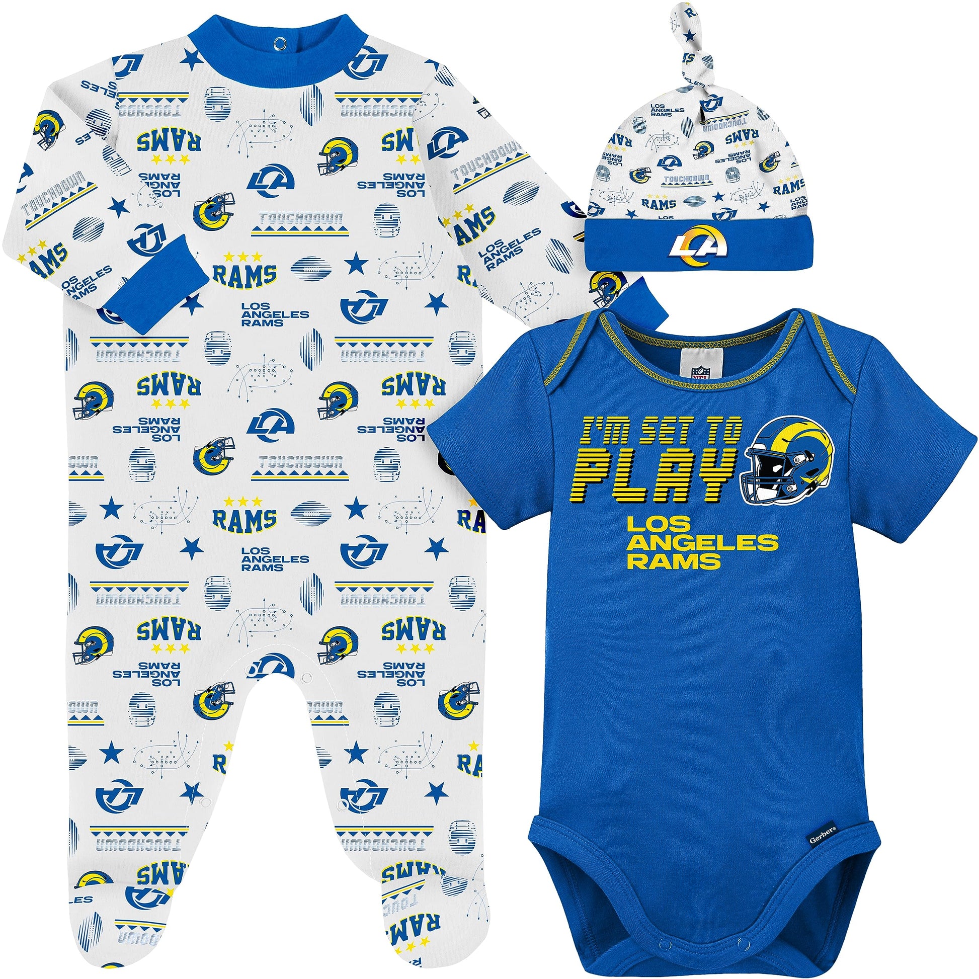 Gerber Nfl Baby Boys' 3-Piece Bodysuit, Sleep 'N Play, & Cap Set, Los Angeles Rams, 6-9 Months