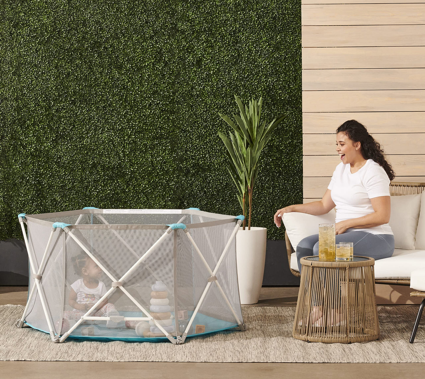 Regalo My Portable Play Yard Indoor And Outdoor, Washable, White/Gray/Teal, 6-Panel