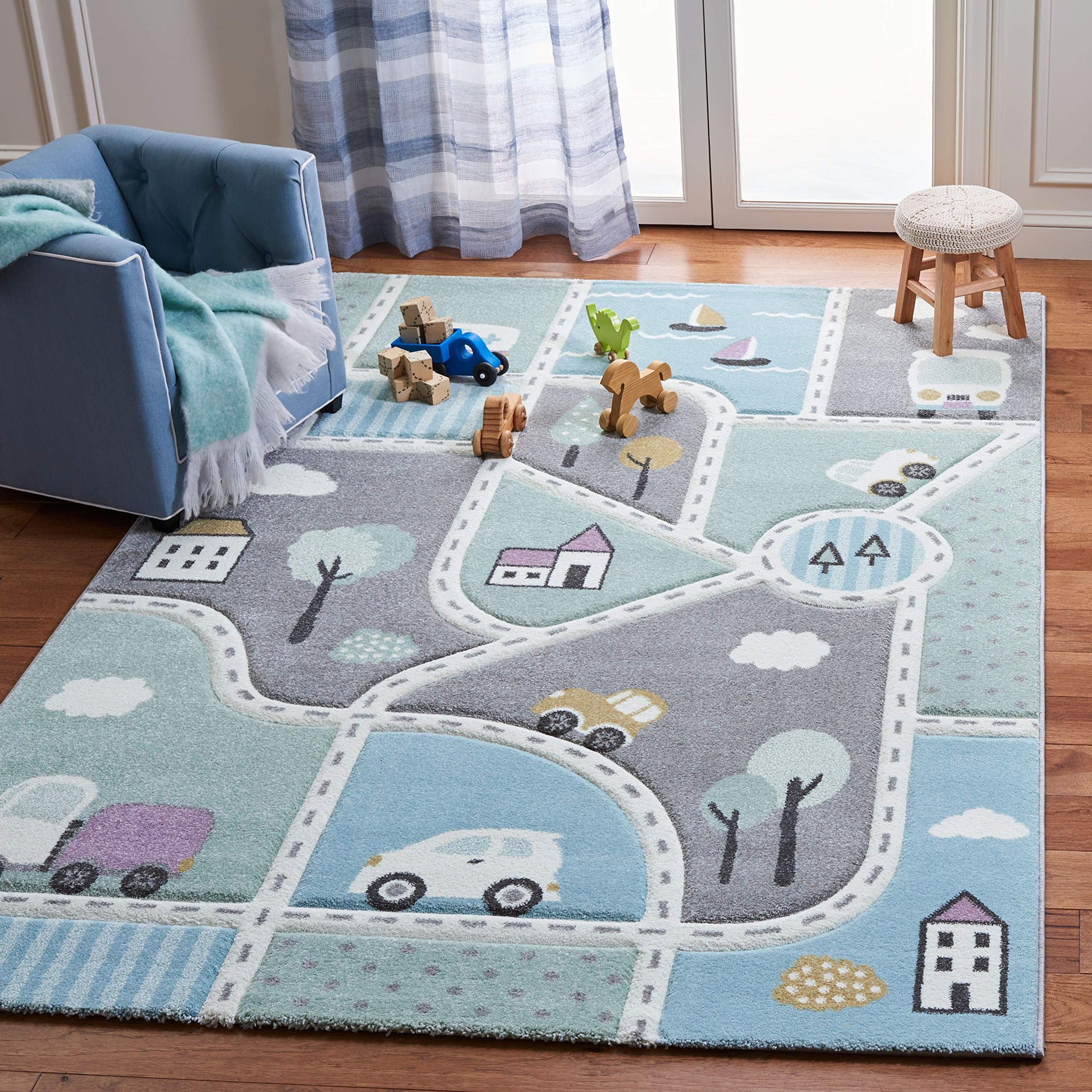 SAFAVIEH Area Rug 8x10 - Carousel Kids Collection - Large - Grey & Light Blue, Non-Shedding & Easy Cleaning, Ideal for Boys & Gi