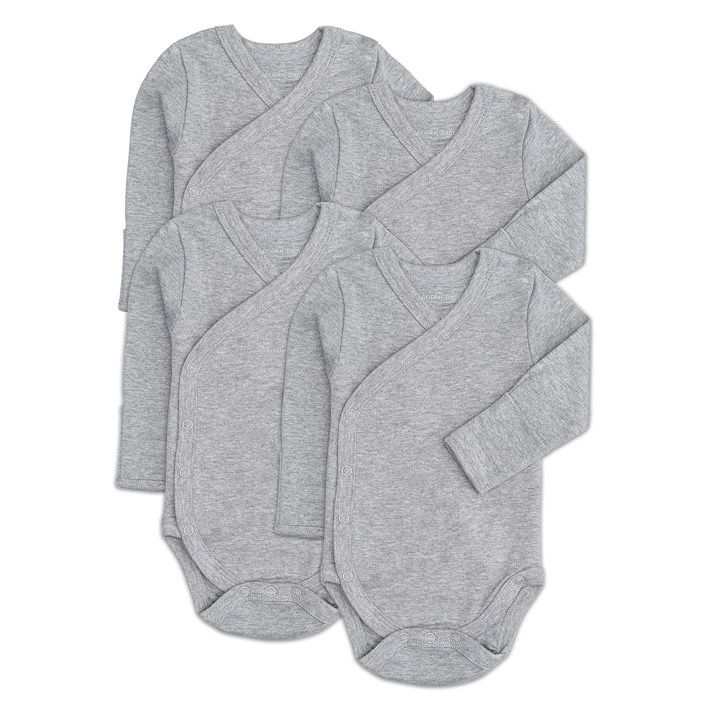 Baby Side Snap Bodysuit Set, Long Sleeve Cotton Boy Girl Kimono Onesie, 4 Pack, Gray, 0-3 Months