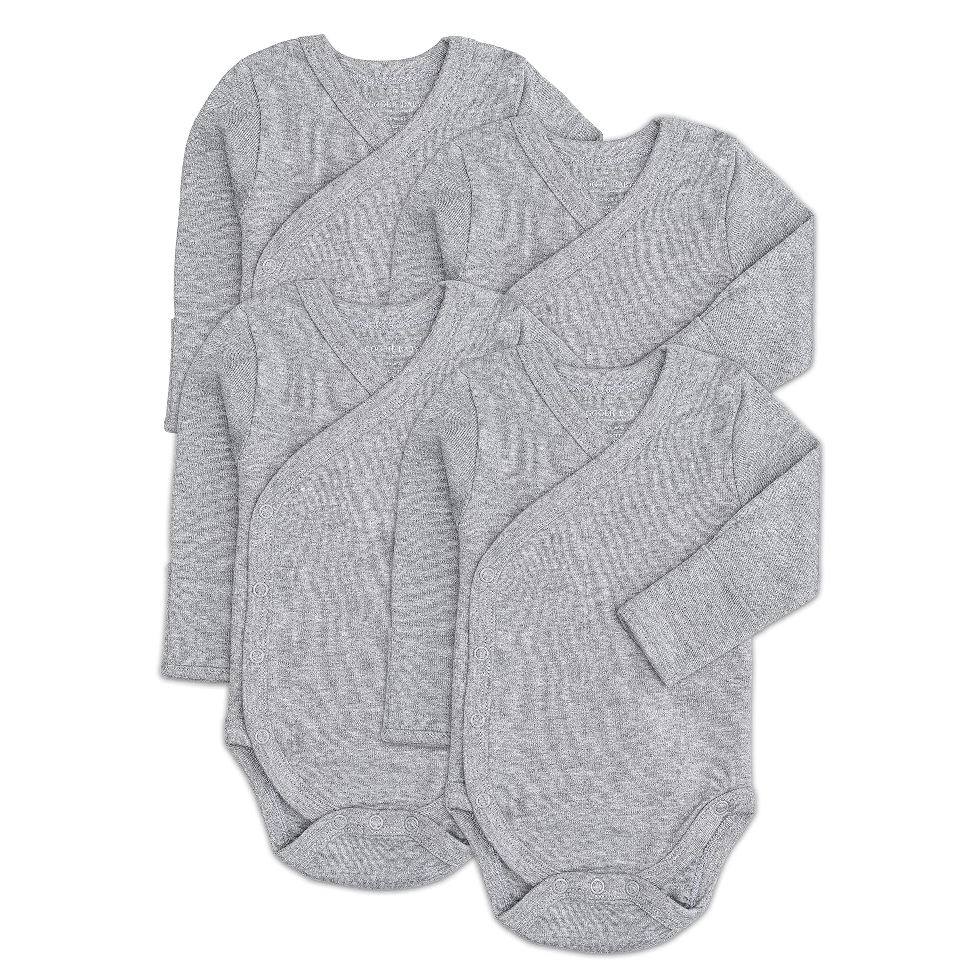 Baby Side Snap Bodysuit Set, Long Sleeve Cotton Boy Girl Kimono Onesie, 4 Pack, Gray, 0-3 Months