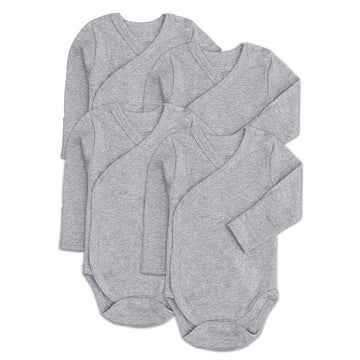 Baby Side Snap Bodysuit Set, Long Sleeve Cotton Boy Girl Kimono Onesie, 4 Pack, Gray, 0-3 Months