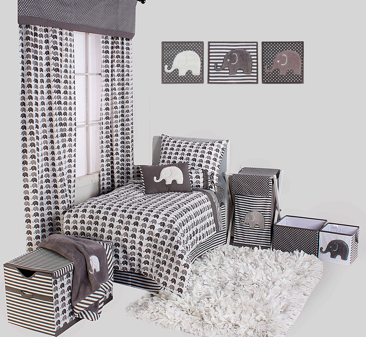 Bacati Elephants Unisex Hamper Cover With Natural Finish Wood Frame And Mesh Liner, Grey