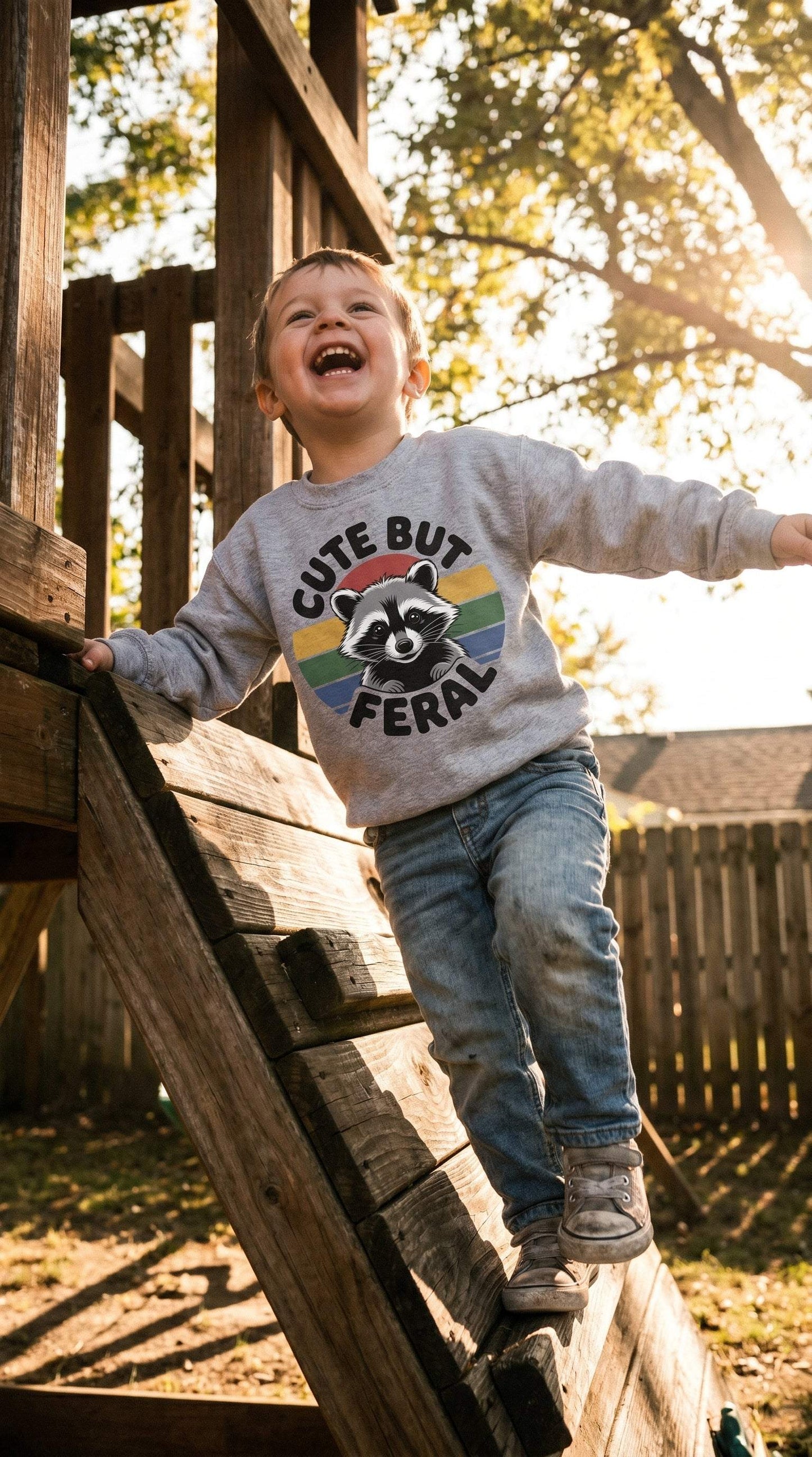 Cute But Feral Raccoon Kids Sweatshirt (Retro Stripe Graphic)