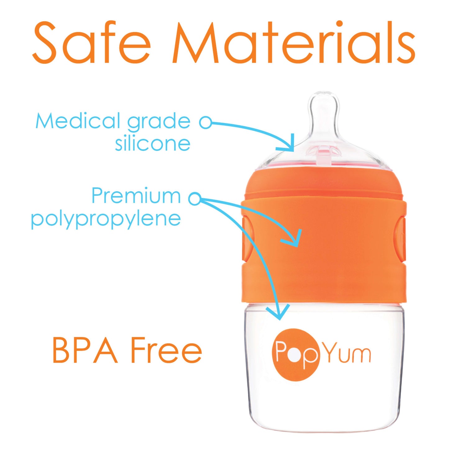 PopYum 5oz Anti-Colic Baby Bottle for Breast and Formula Feeding, 2-Pack, Orange, #1 Slow Flow Nipples