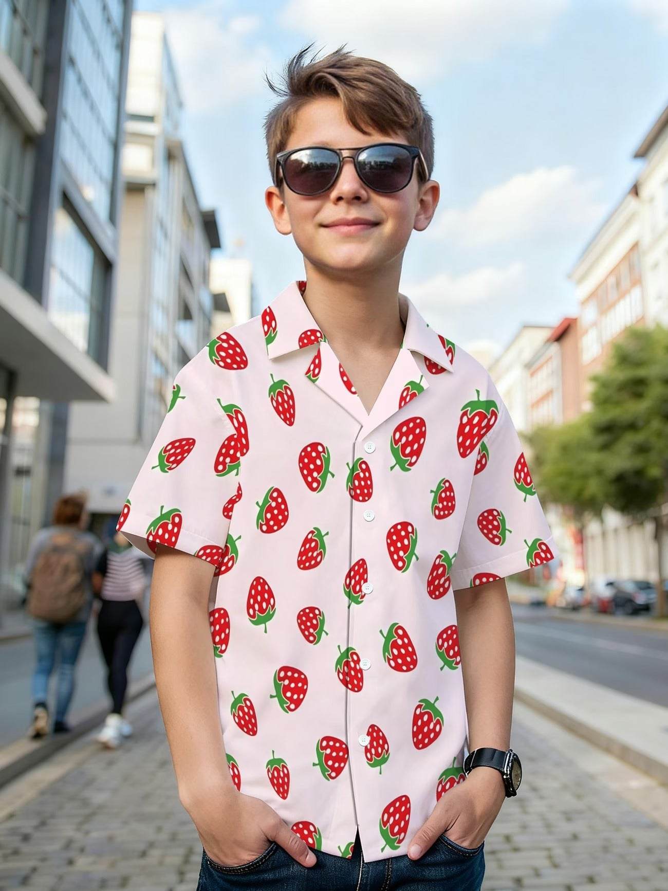 Boys’ Strawberry Print Cuban Collar Shirt – Sweet & Stylish Summer Button-Up