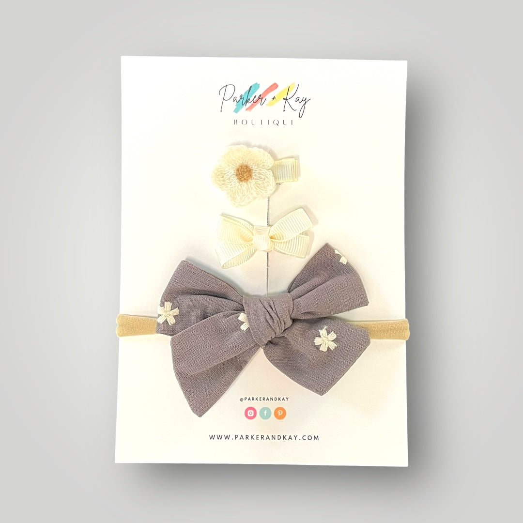 Baby Floral Embroidered Bow & Clip Variety Set