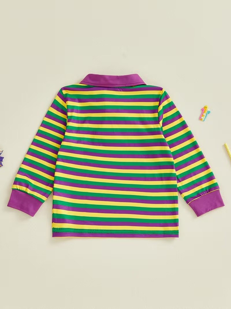 Mardi Gras Carnival T Shirt Long Sleeve Turn Collar Striped Contrast Color Tops Comfortable Casual Pullover