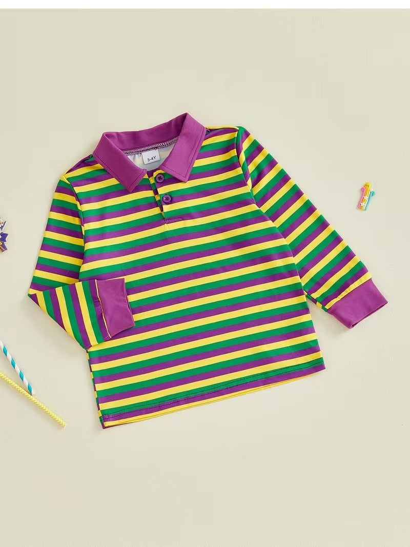 Mardi Gras Carnival T Shirt Long Sleeve Turn Collar Striped Contrast Color Tops Comfortable Casual Pullover