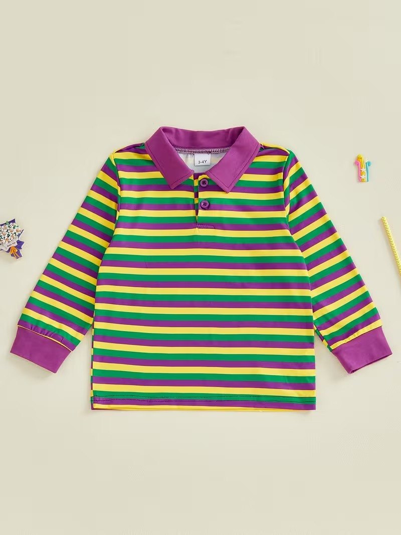 Mardi Gras Carnival T Shirt Long Sleeve Turn Collar Striped Contrast Color Tops Comfortable Casual Pullover