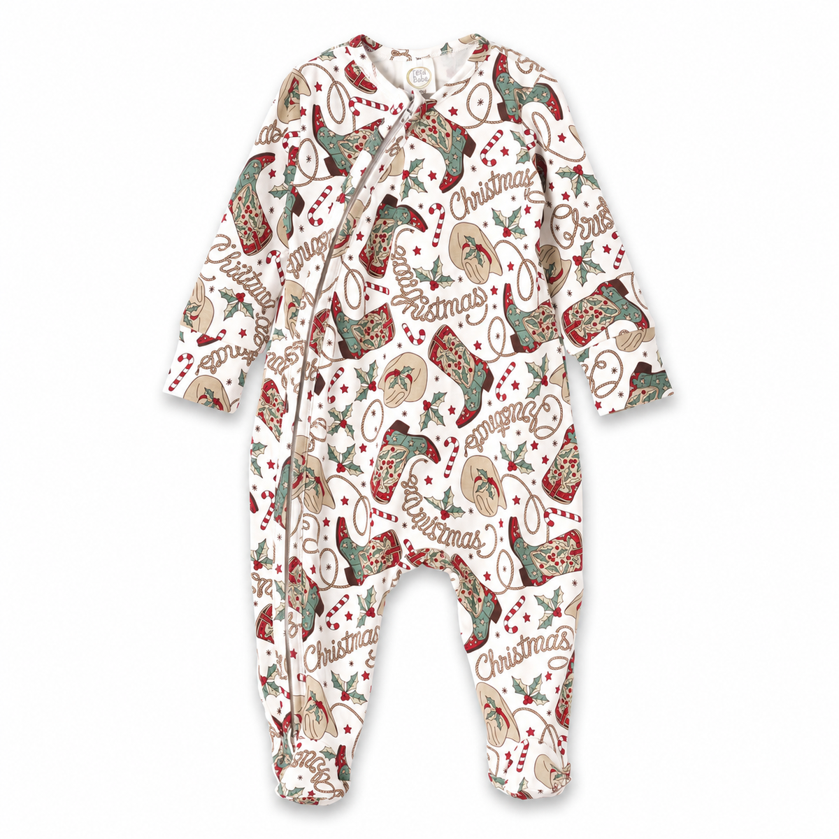 Western Christmas Baby Bamboo Footed Zipper Romper - Cowboy Holiday