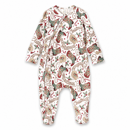 Western Christmas Baby Bamboo Footed Zipper Romper - Cowboy Holiday