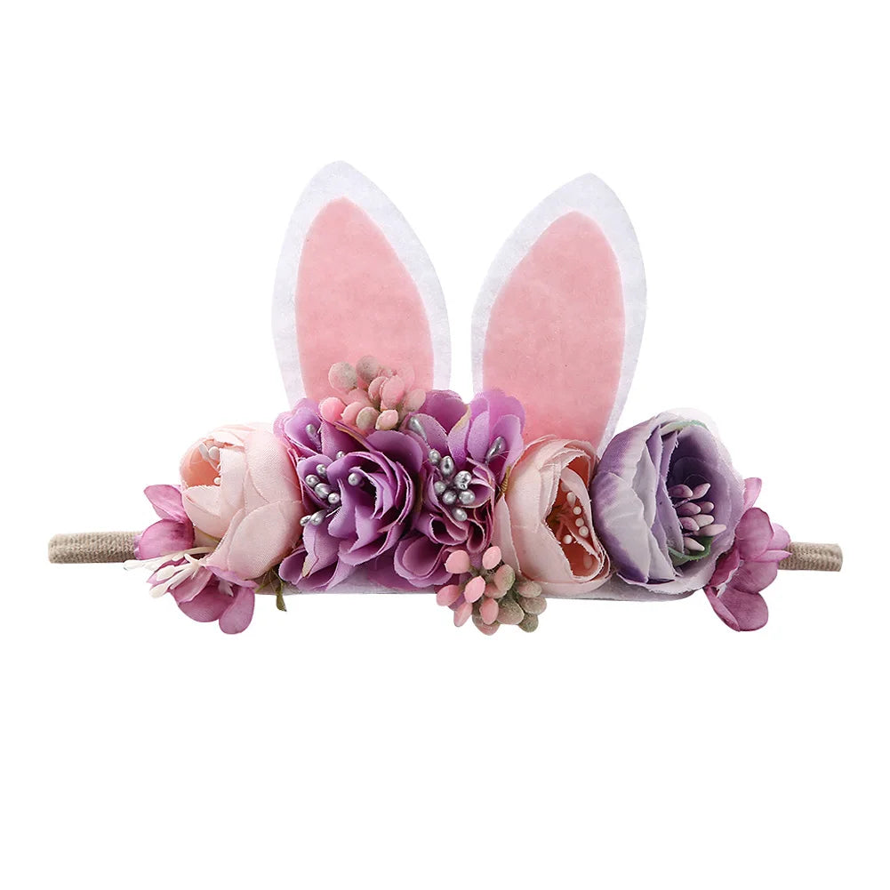 Easter Day Baby Headband Rabbit Ear Newborn Photography Props Boy Girl Nylon Hair Bands Artificial Flower Festival Headwrap