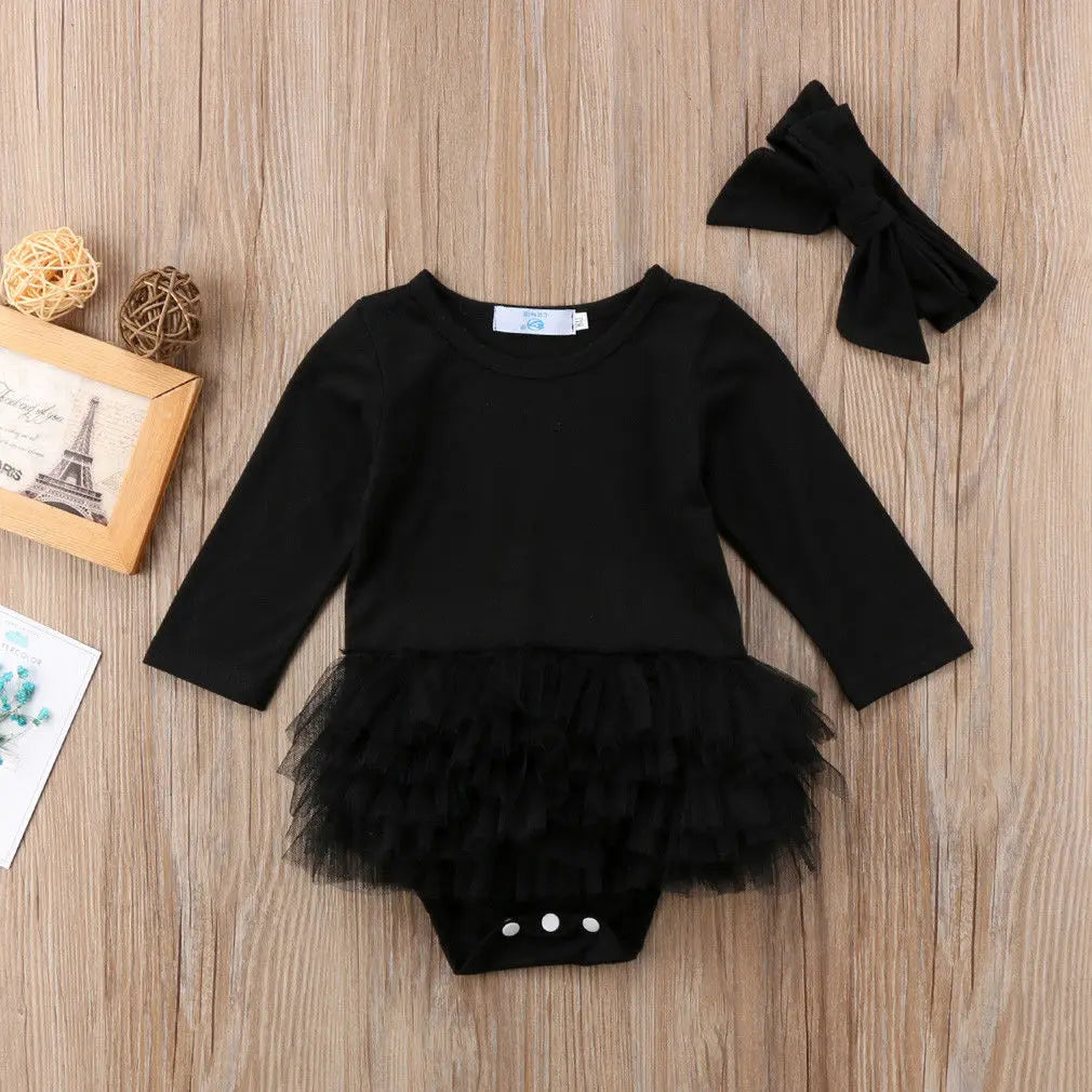 2018 Brand New Newborn Toddler Infant Baby Girl Romper Tutu Dress Jumpsuit Longsleeve Clothes Headband Solid Outfit Wholesale