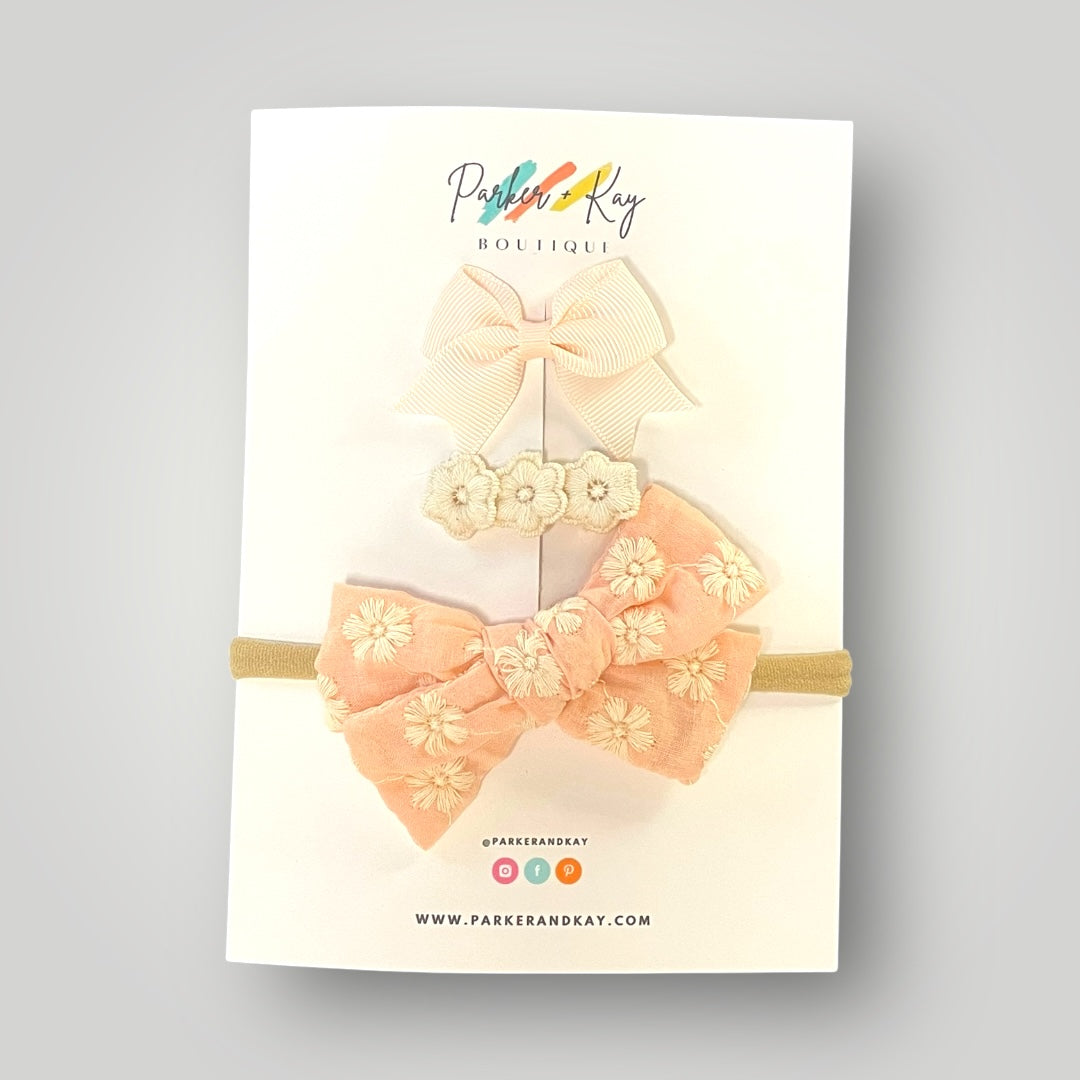 Baby Floral Embroidered Bow & Clip Variety Set