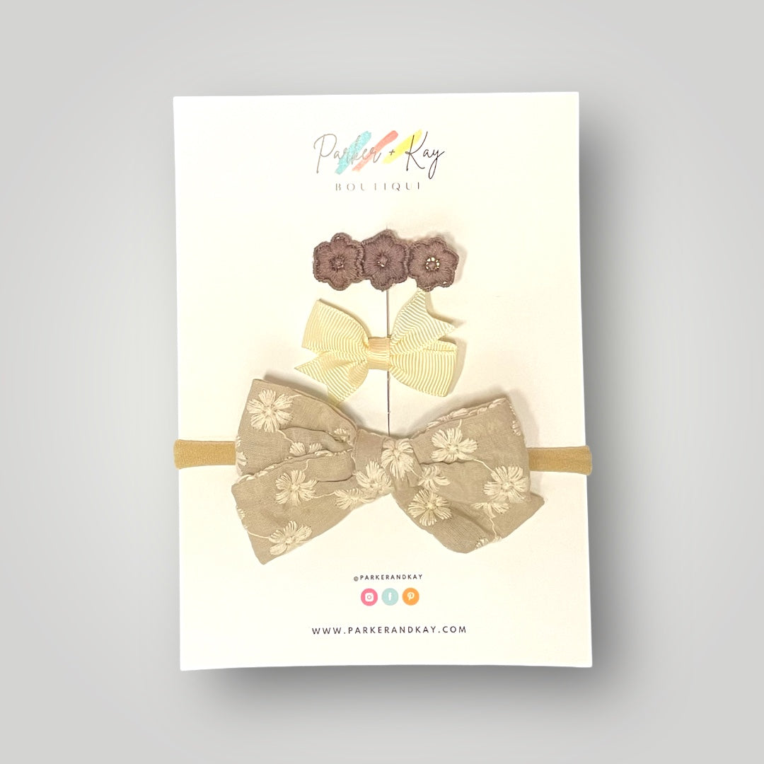 Baby Floral Embroidered Bow & Clip Variety Set