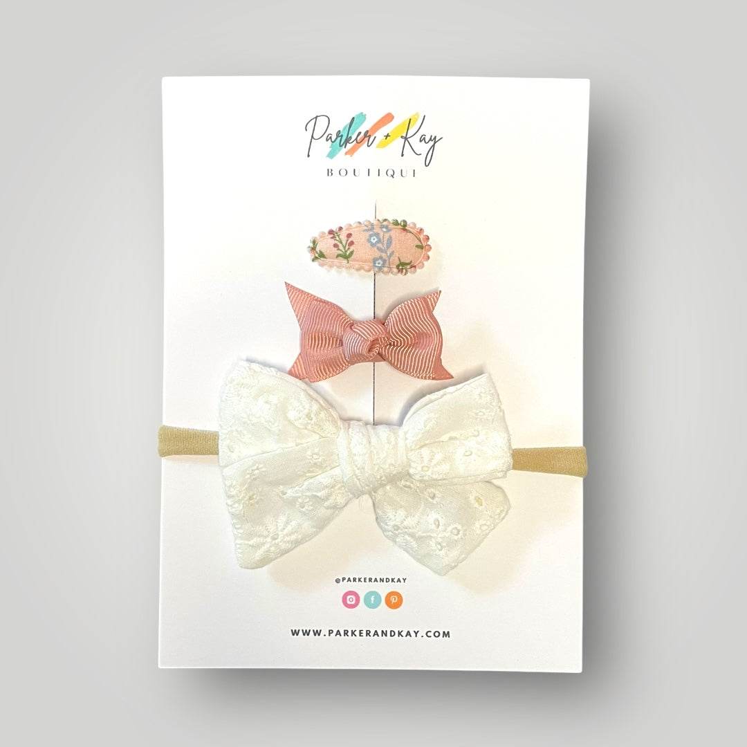 Baby Floral Embroidered Bow & Clip Variety Set