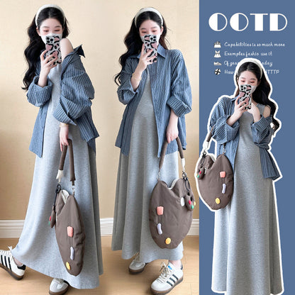 Maternity Dress Summer Style 2025 New Early Autumn Lazy Style Suit Shirt Two-Piece Set Vest Long Skirt Spring and Autumn